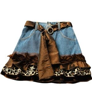 Greggy Girl Chic Denim Skirt with Brown and Leopard Accents Girl’s Size 6